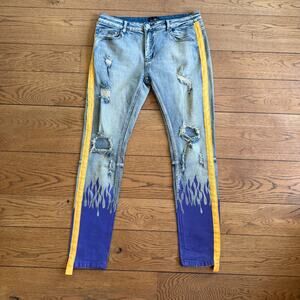 Cooper 9 Men SZ 36 Skinny Distressed Flames Purple Yellow Rocker Streetwear